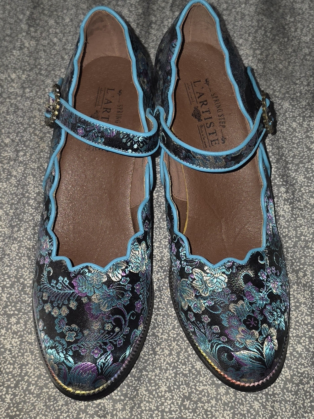 LaRistee Floral Brocade Mary Jane Heels in Black with Teal Trim